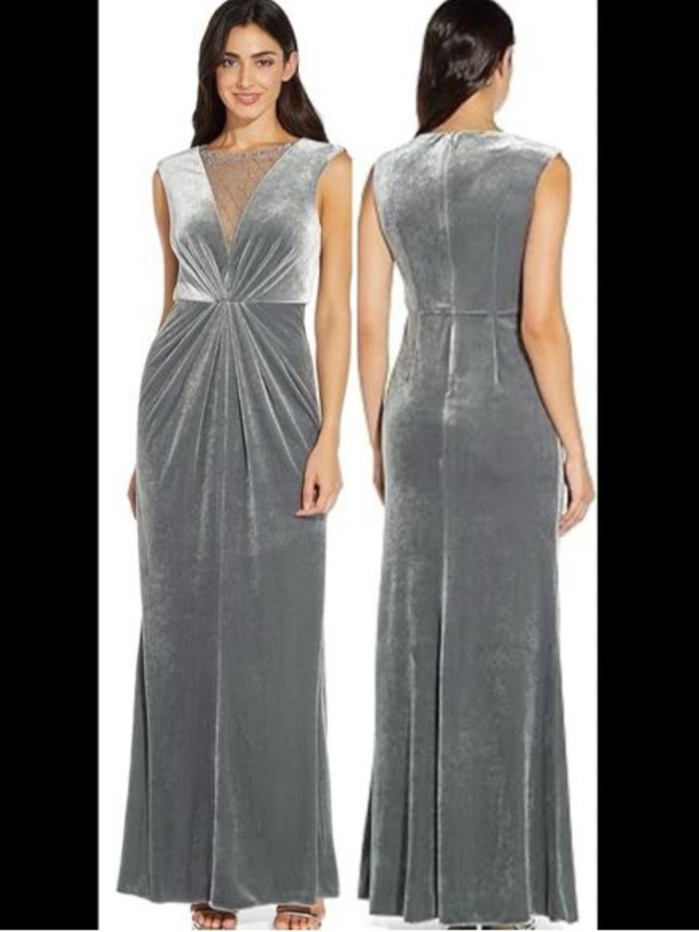Adrianna Papell (Women's 18) Elegant Silver Beaded Velvet Mermaid Evening Gown